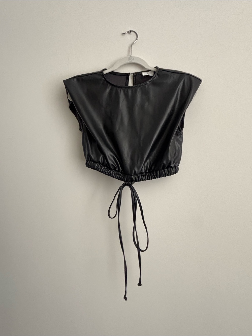 Faux Leather Black Cropped Drawstring Top